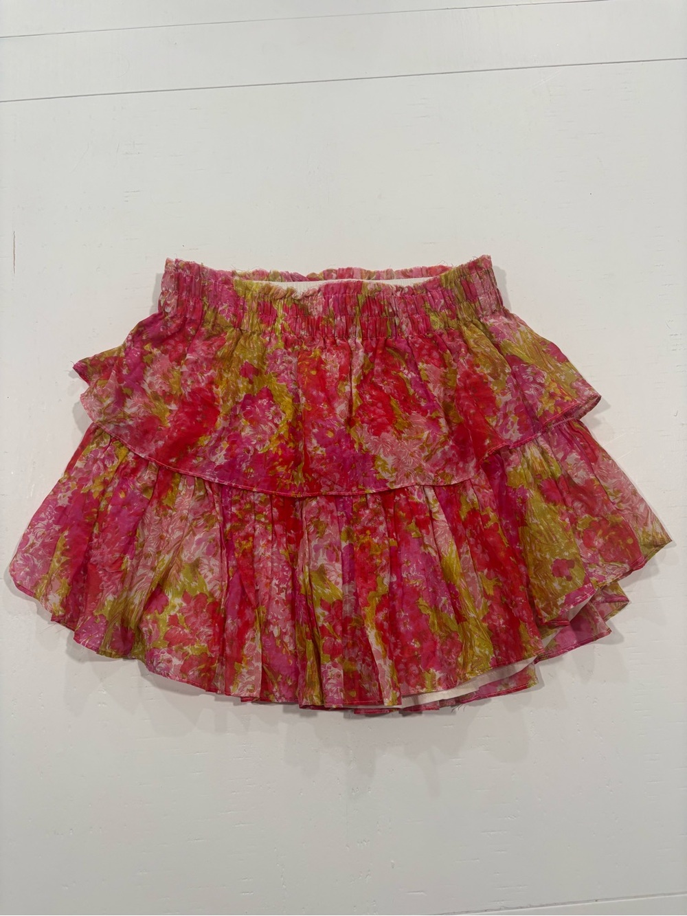 Loveshack Fancy Floral Ruffled Mini Skirt - Pink Green XS